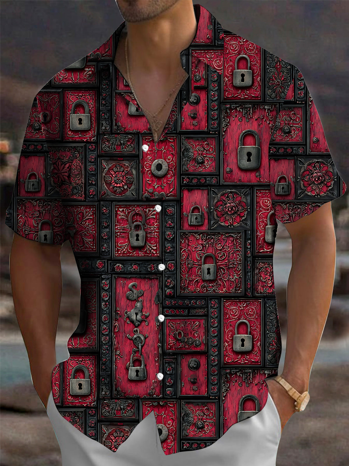 Oceanlyte Men's Vintage Style Vintage Padlock Pattern Short Sleeve Shirt with Chest Pocket