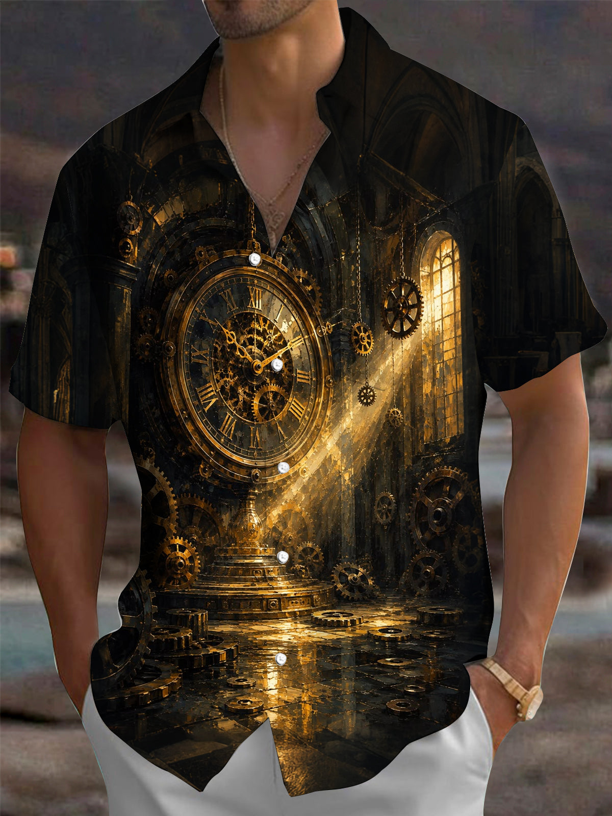 Oceanlyte Men's Vintage Style Steampunk Clock Print Short Sleeve Shirt with Chest Pocket