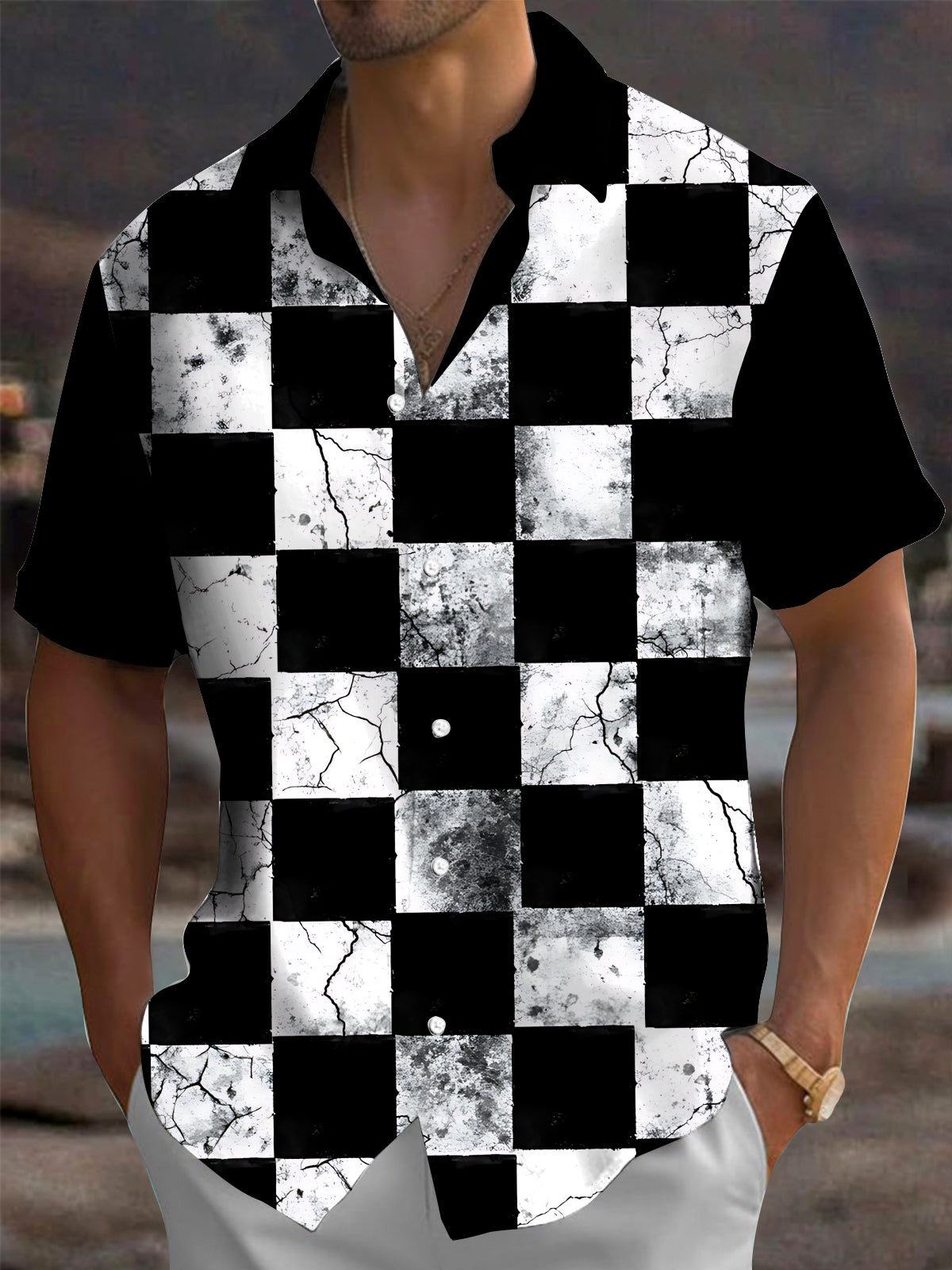 Oceanlyte Men's Patterned Black And White Checkerboard Print Short Sleeve Shirt with Chest Pocket