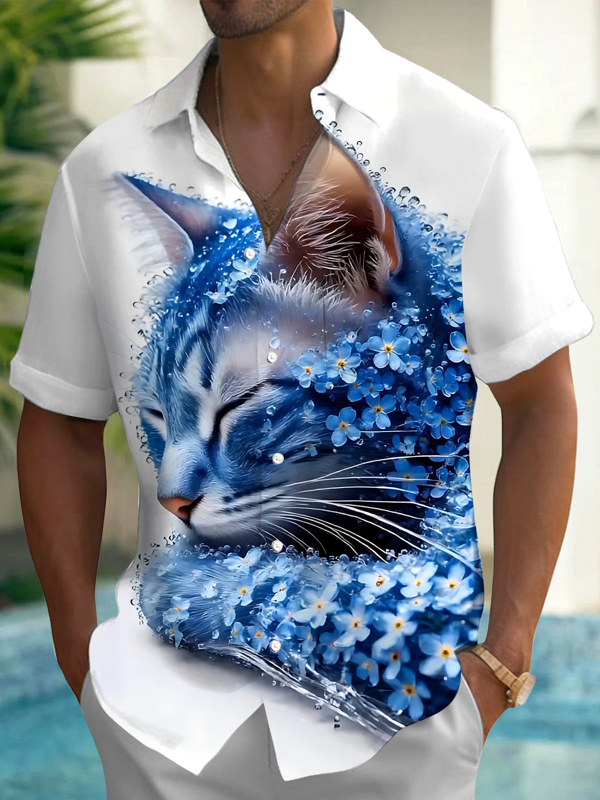 Oceanlyte Men's Printed Blue Cat Portrait Print Short Sleeve Shirt with Chest Pocket