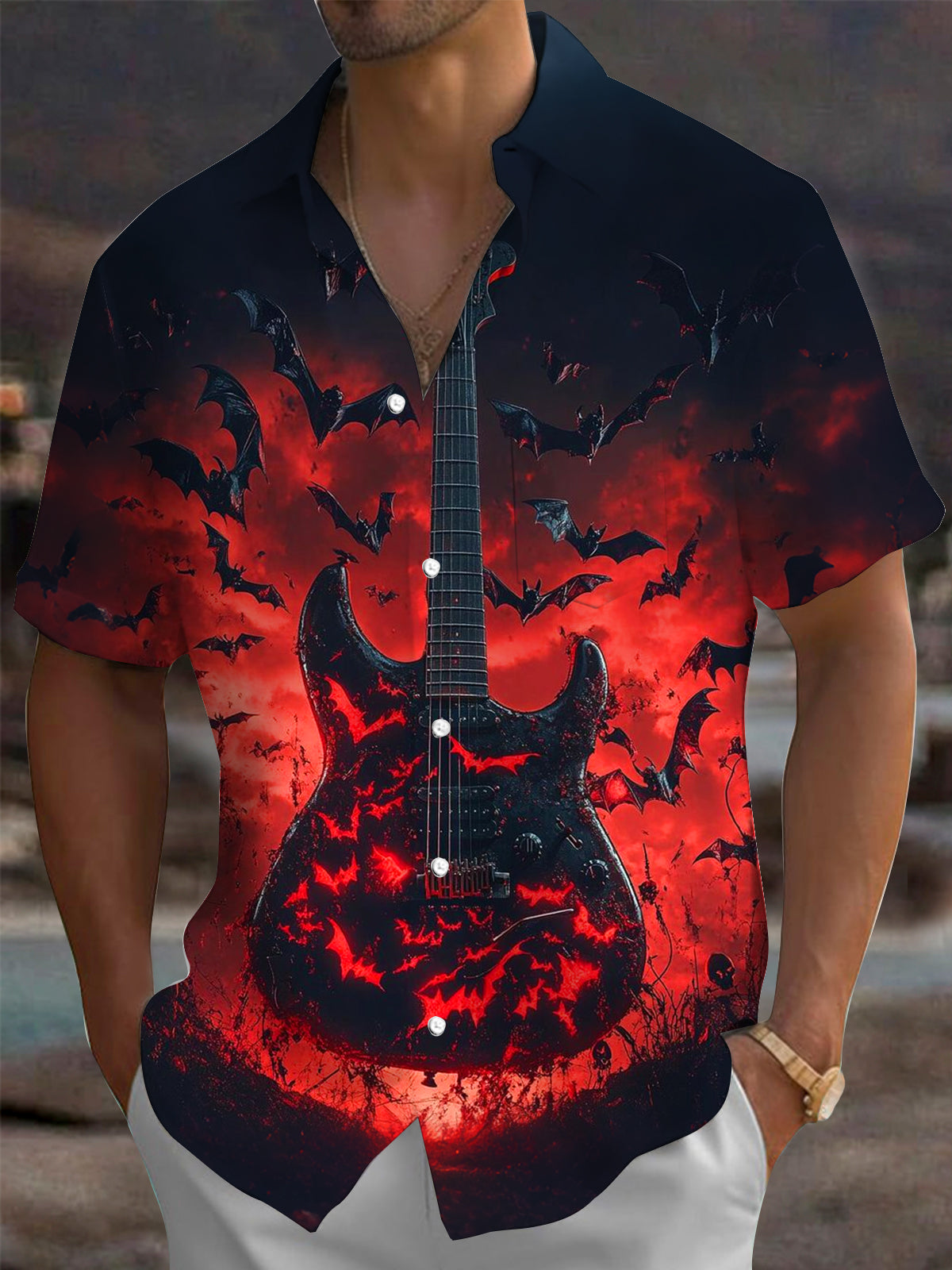 Oceanlyte Men's Graphic Electric Guitar Print Short Sleeve Shirt with Chest Pocket