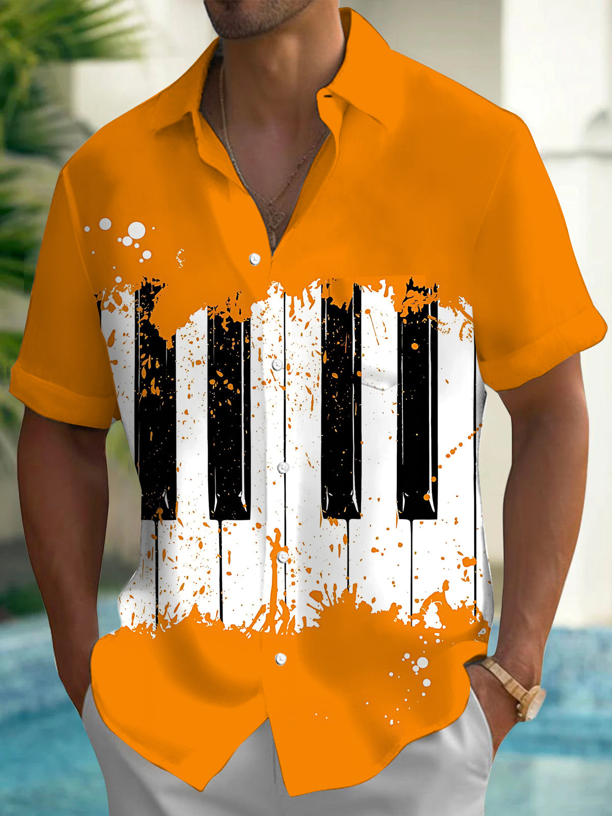 Oceanlyte Men's Graphic Piano Keys Print Paint Splatter Print Short Sleeve Shirt with Chest Pocket