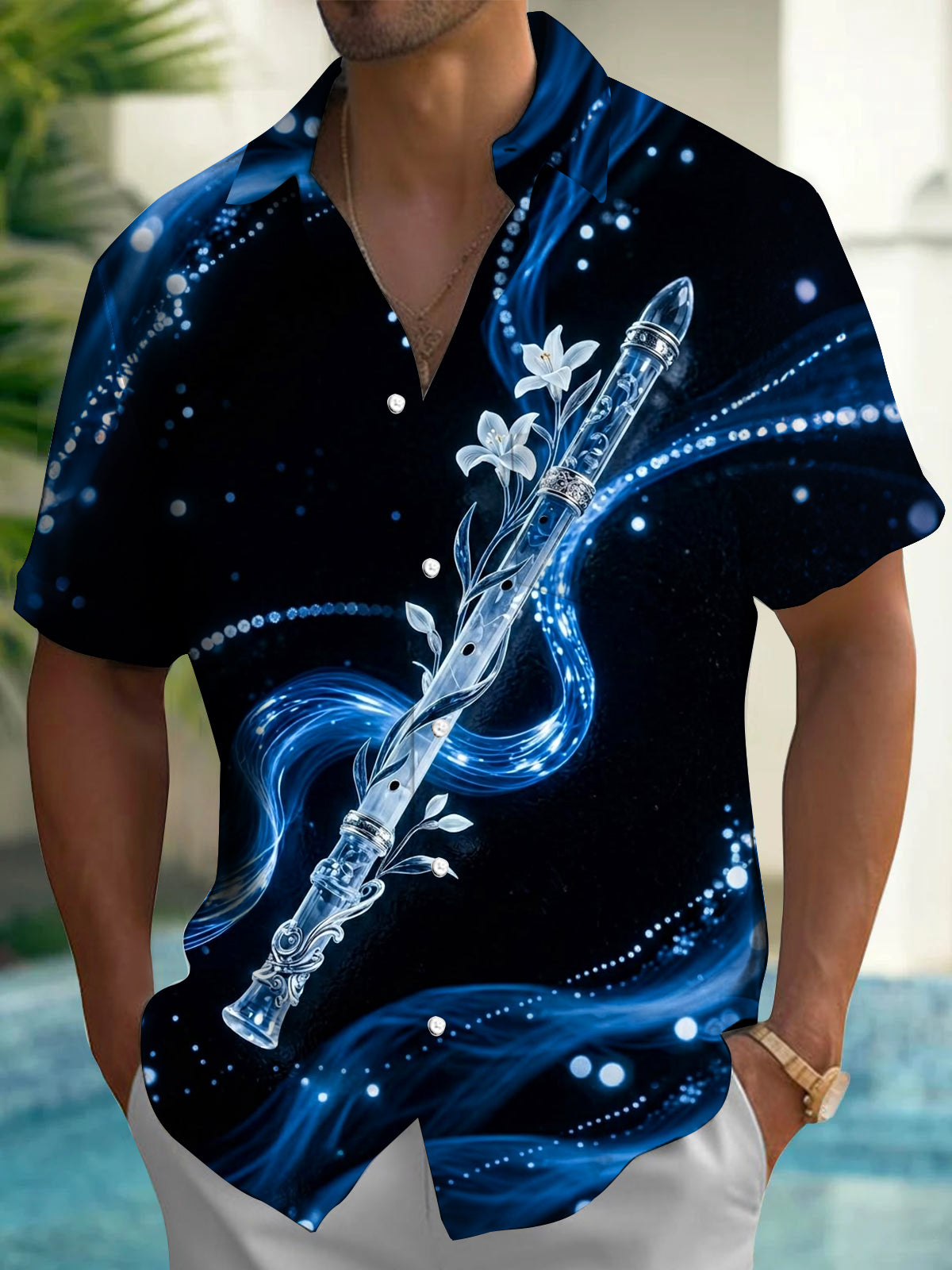 Oceanlyte Men's Hawaiian Crystal Flute Print Short Sleeve Shirt with Chest Pocket