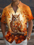 Oceanlyte Men's Graphic Autumn Owl Print Maple Leaves Print Short Sleeve Shirt with Chest Pocket