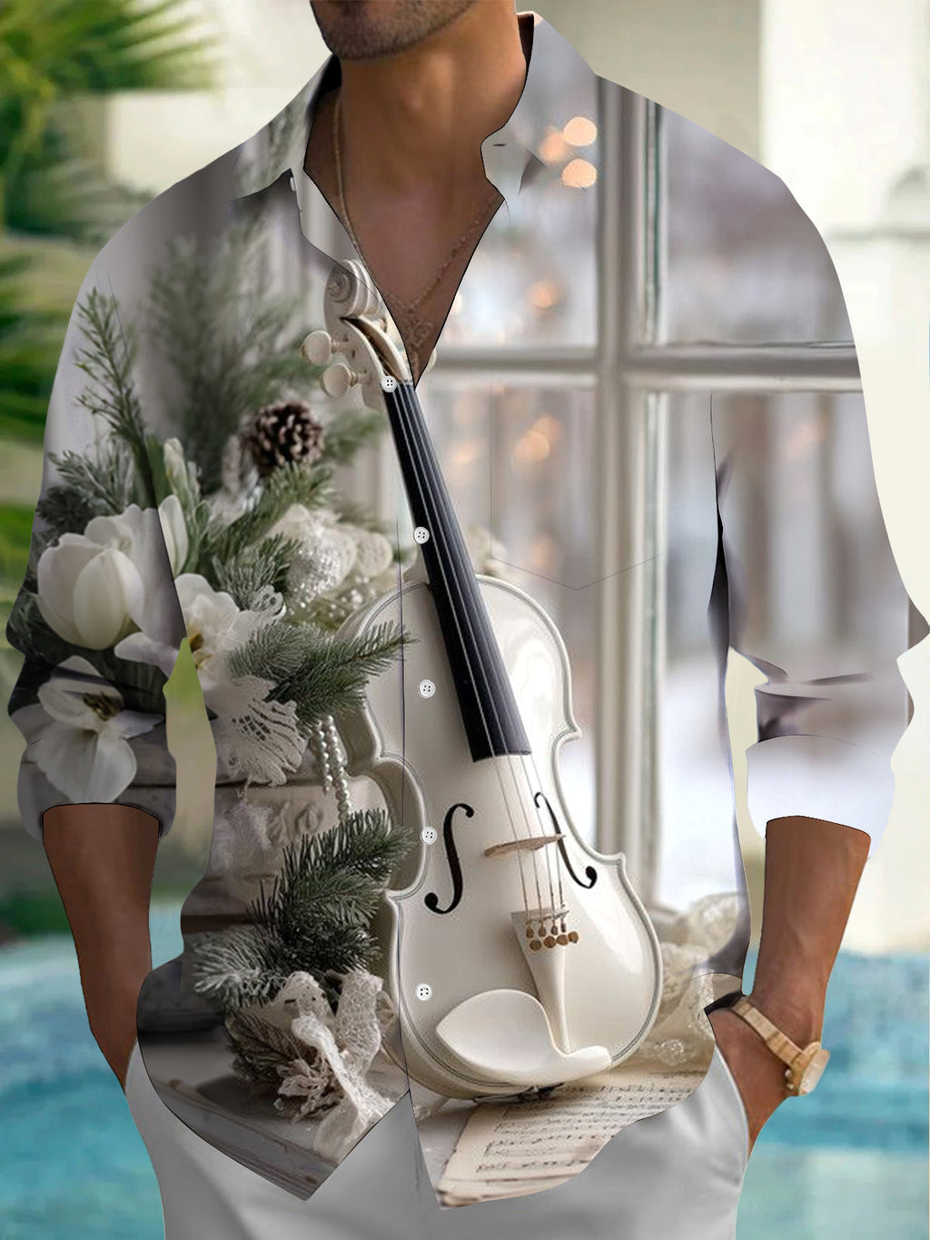 Oceanlyte Men's Printed White Violin Print Long Sleeve Shirt with Chest Pocket