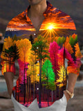 Oceanlyte Men's Printed Autumn Forest Sunset Print Long Sleeve Shirt with Chest Pocket
