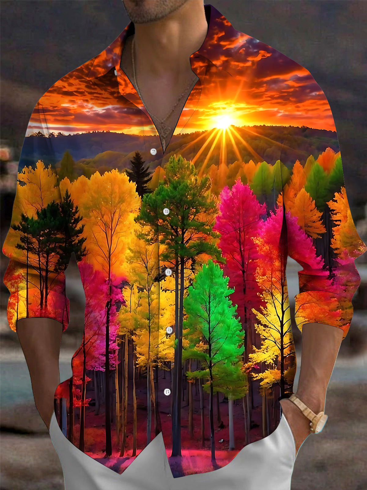 Oceanlyte Men's Printed Autumn Forest Sunset Print Long Sleeve Shirt with Chest Pocket