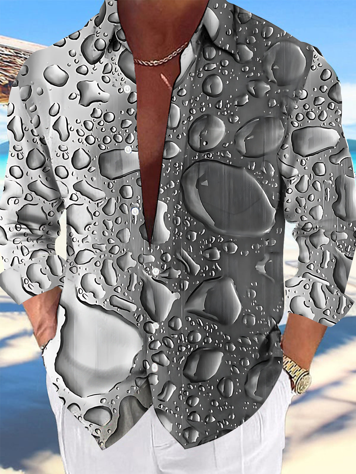 Oceanlyte Men's 3D Water Drop Pattern 3D Water Droplets Print Long Sleeve Shirt with Chest Pocket