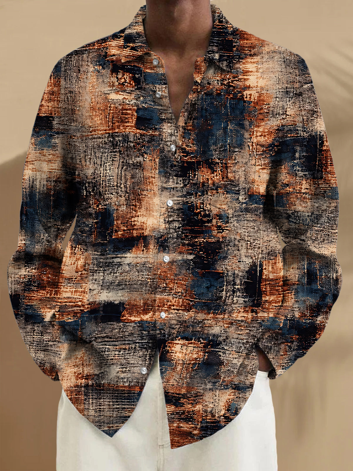 Oceanlyte Men's Vintage Style Abstract Textured Print Long Sleeve Shirt with Chest Pocket