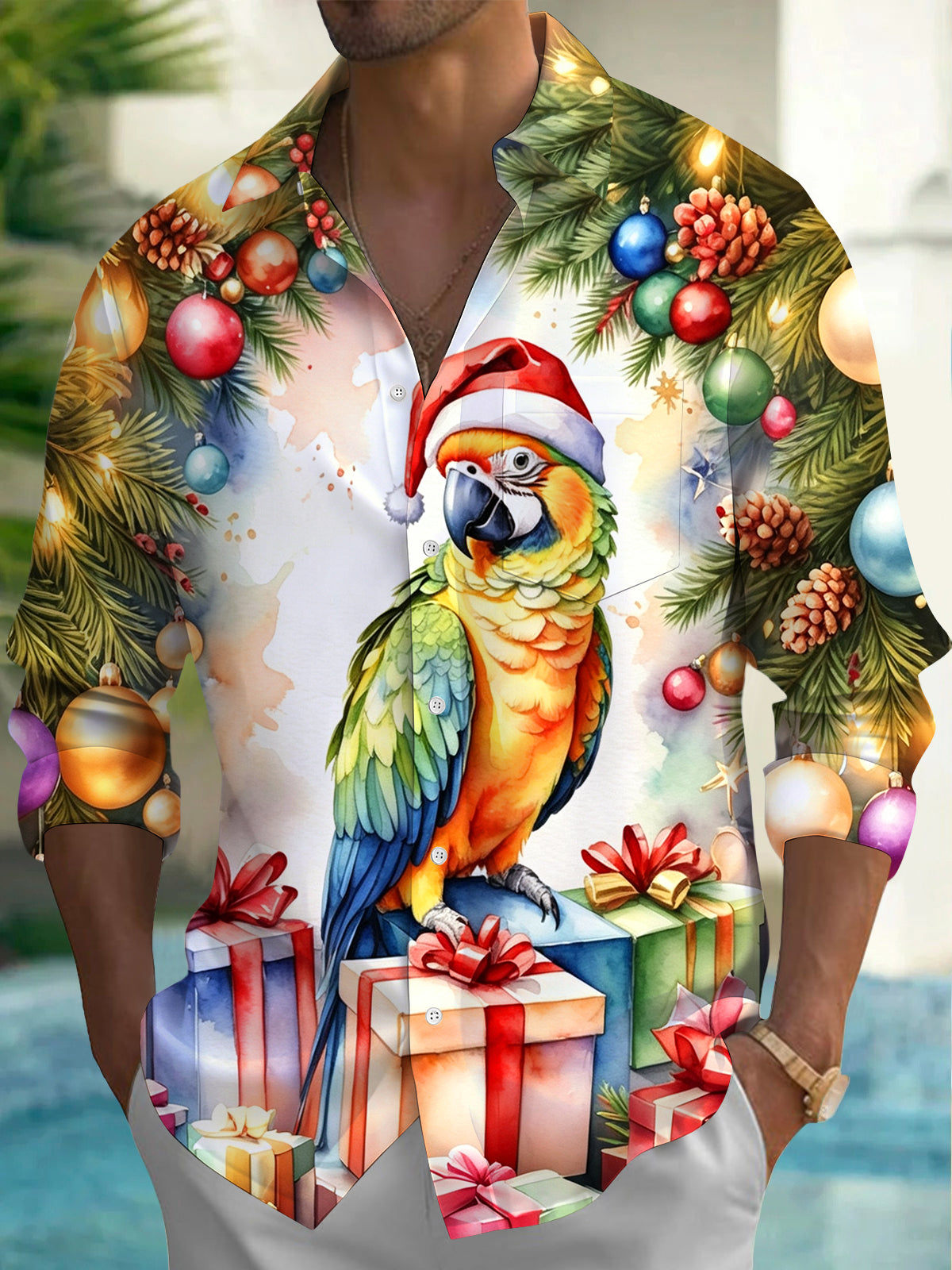 Oceanlyte Men's Hawaiian Christmas Parrot Print Long Sleeve Shirt with Chest Pocket