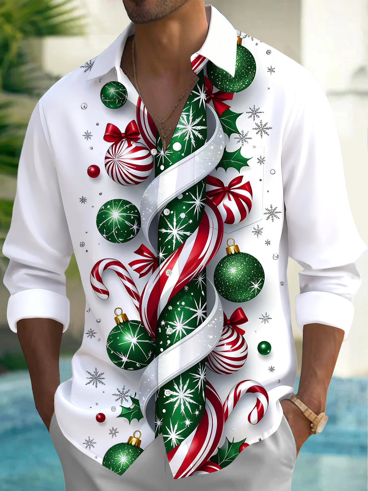Oceanlyte Men's Printed Christmas Ornaments Print Long Sleeve Shirt with Chest Pocket