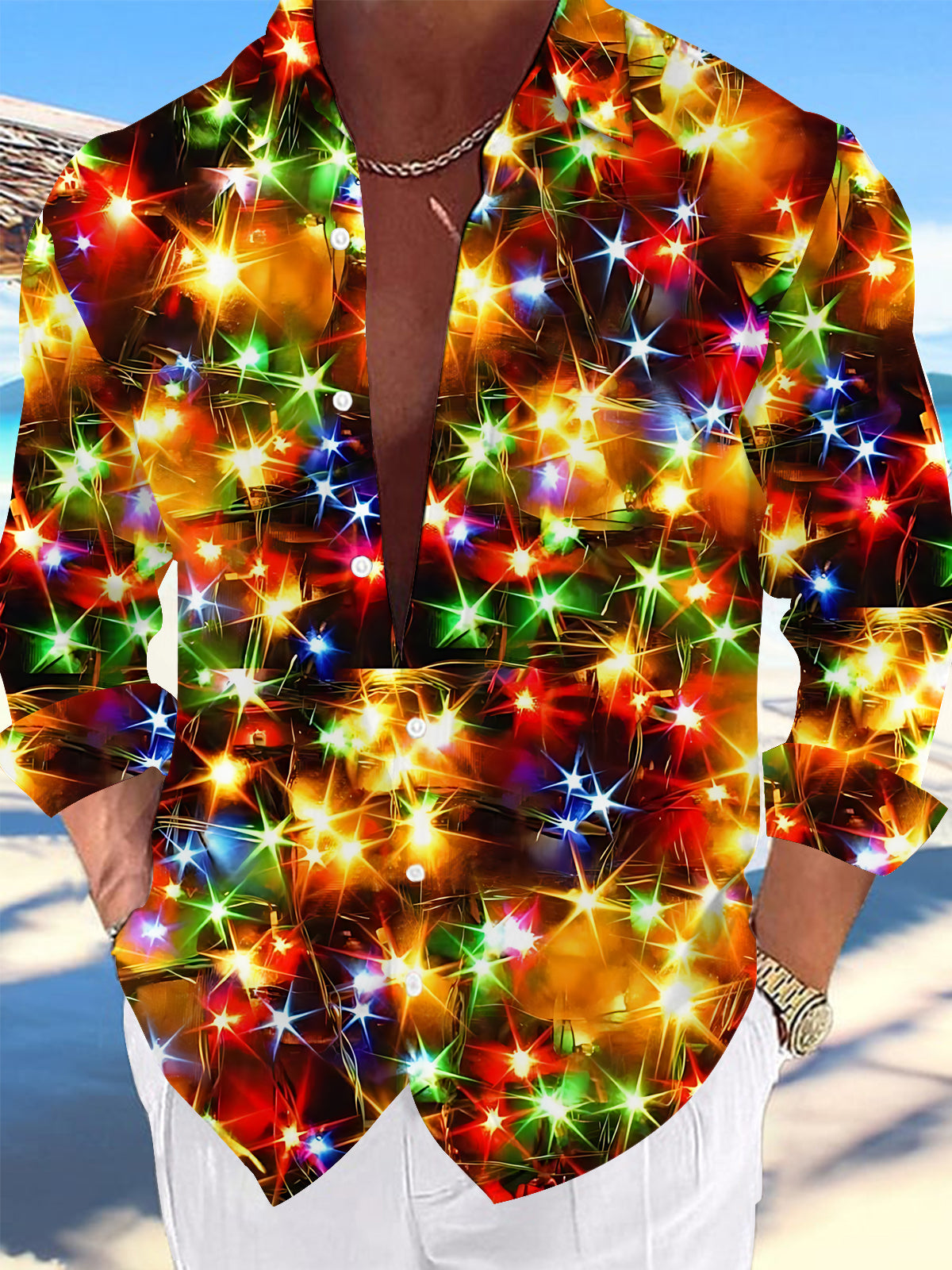 Oceanlyte Men's Printed Colorful Christmas Lights Print Long Sleeve Shirt with Chest Pocket