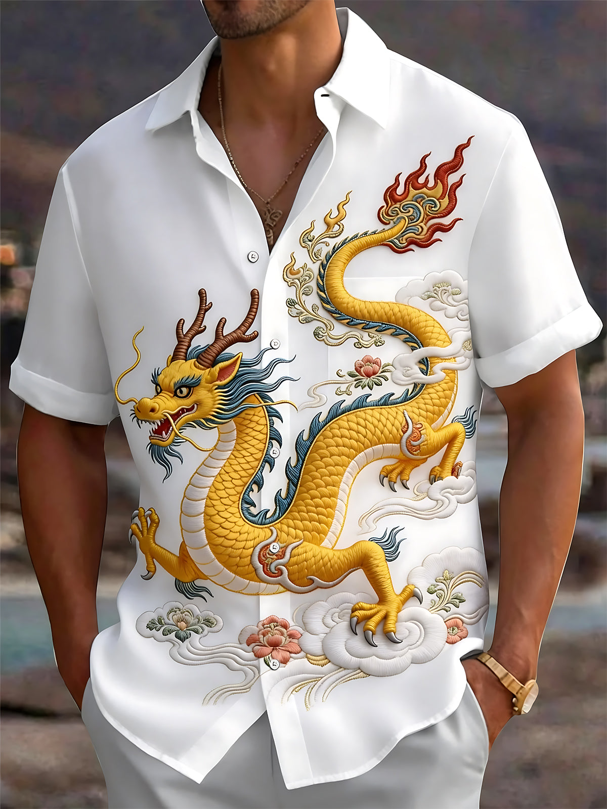 Oceanlyte Men's Graphic Chinese Dragon Print Short Sleeve Shirt with Chest Pocket