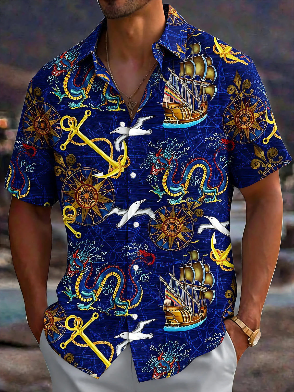 Oceanlyte Men's Hawaiian Nautical Dragon Print Short Sleeve Shirt with Chest Pocket