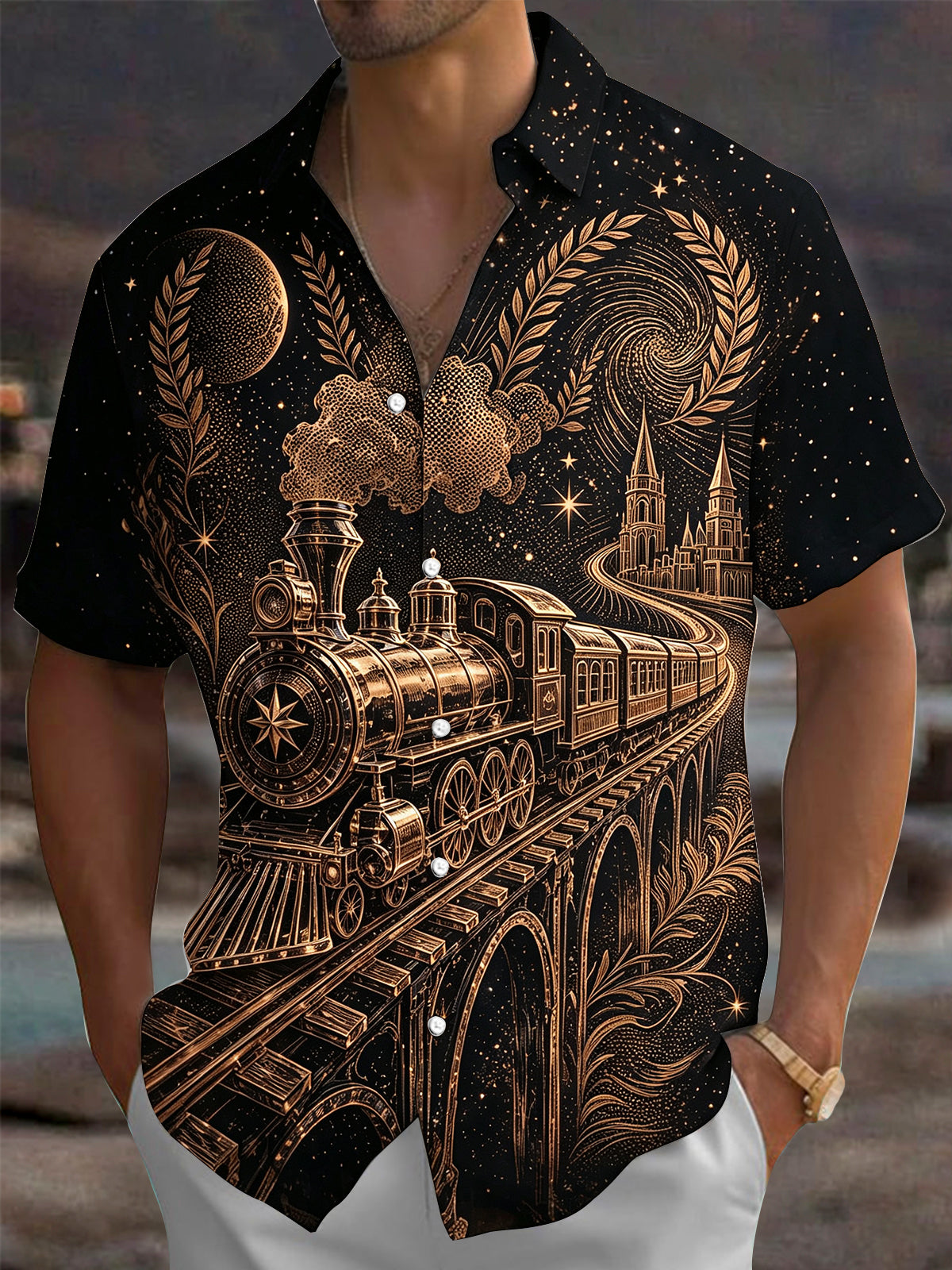 Oceanlyte Men's Printed Vintage Steam Train Print Short Sleeve Shirt with Chest Pocket