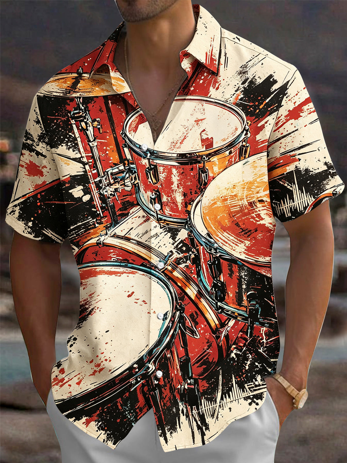 Oceanlyte Men's Graphic Drum Set Print Music Instrument Print Short Sleeve Shirt with Chest Pocket