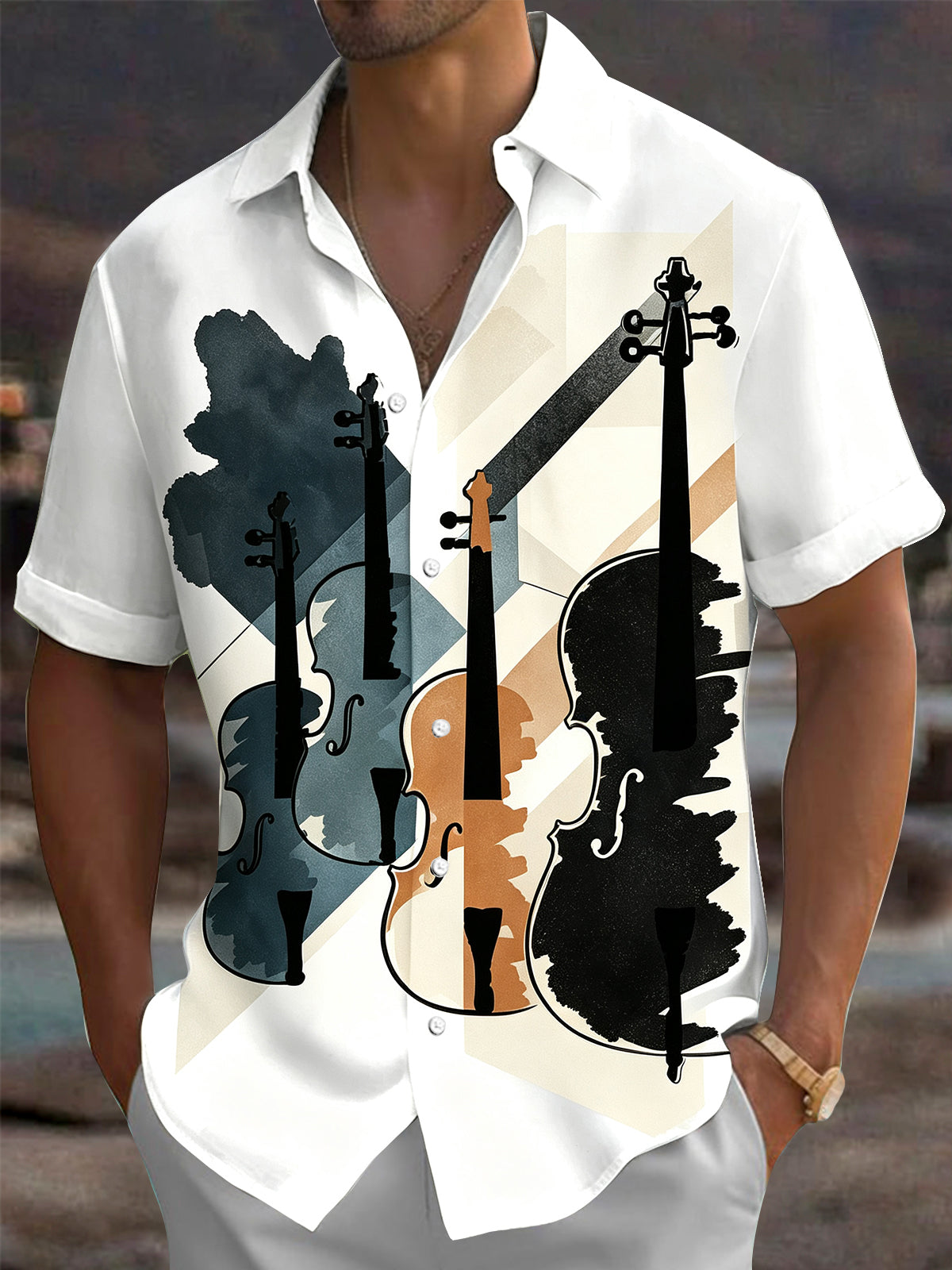 Oceanlyte Men's Graphic Violin Silhouette Print Short Sleeve Shirt with Chest Pocket