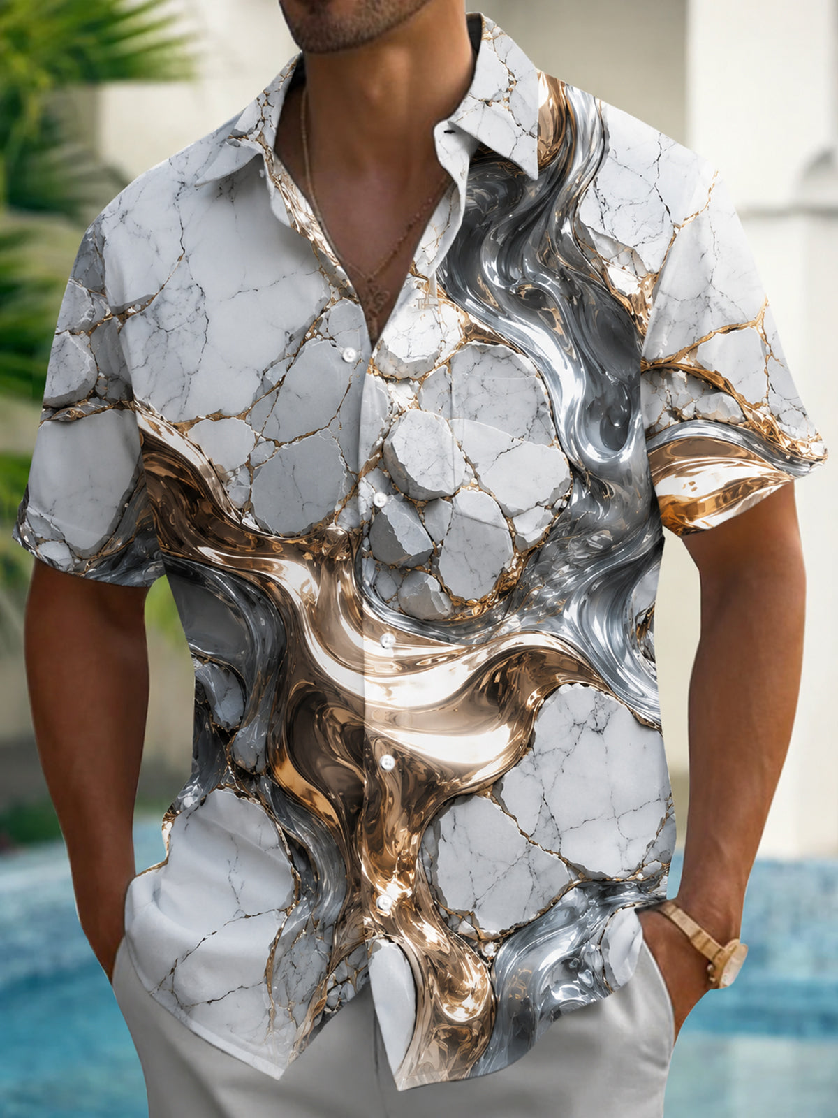 Oceanlyte Men's 3D Marble Texture Print Short Sleeve Shirt with Chest Pocket