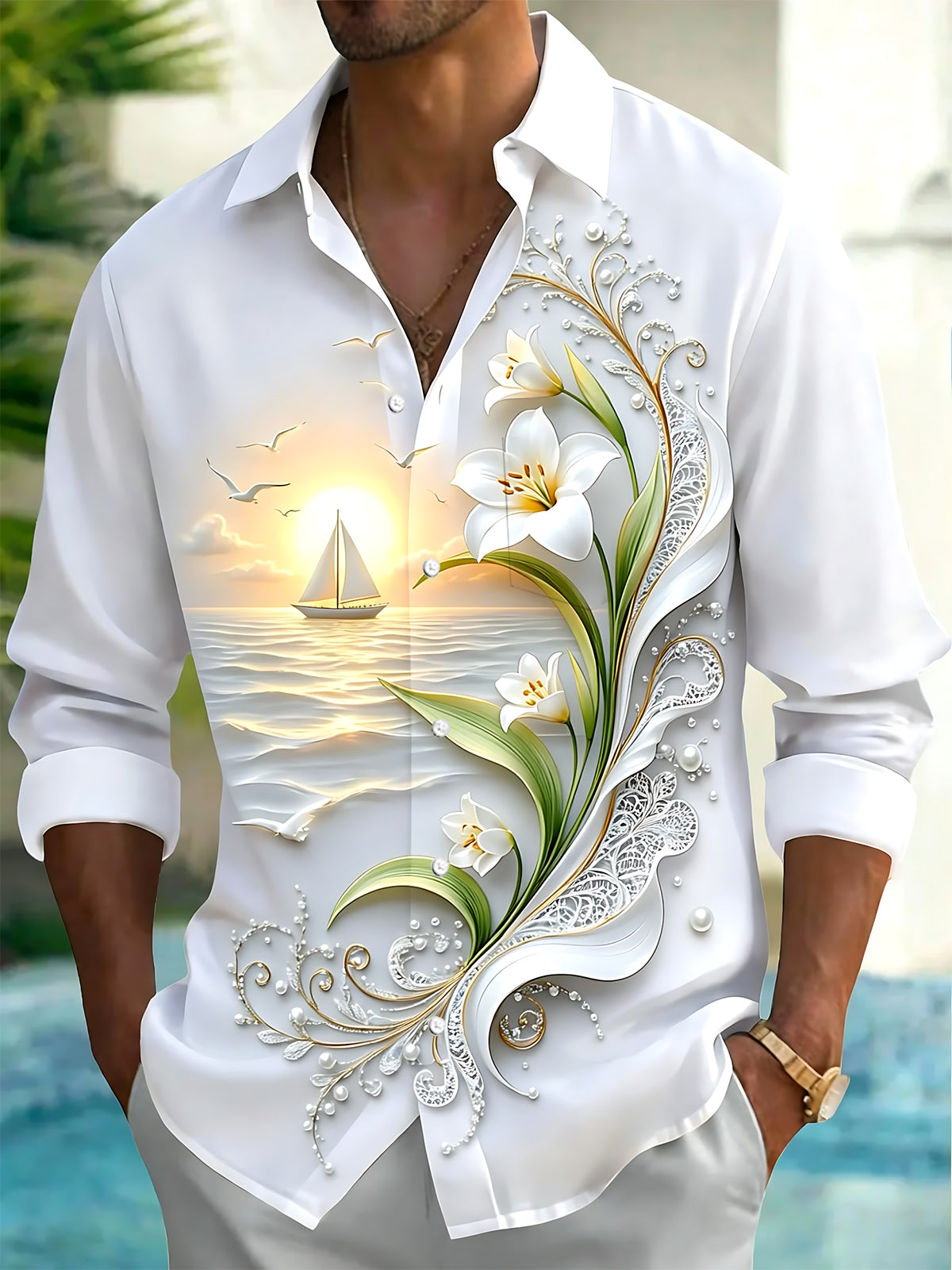 Oceanlyte Men's Printed Sailboat Sunset Print Long Sleeve Shirt with Chest Pocket