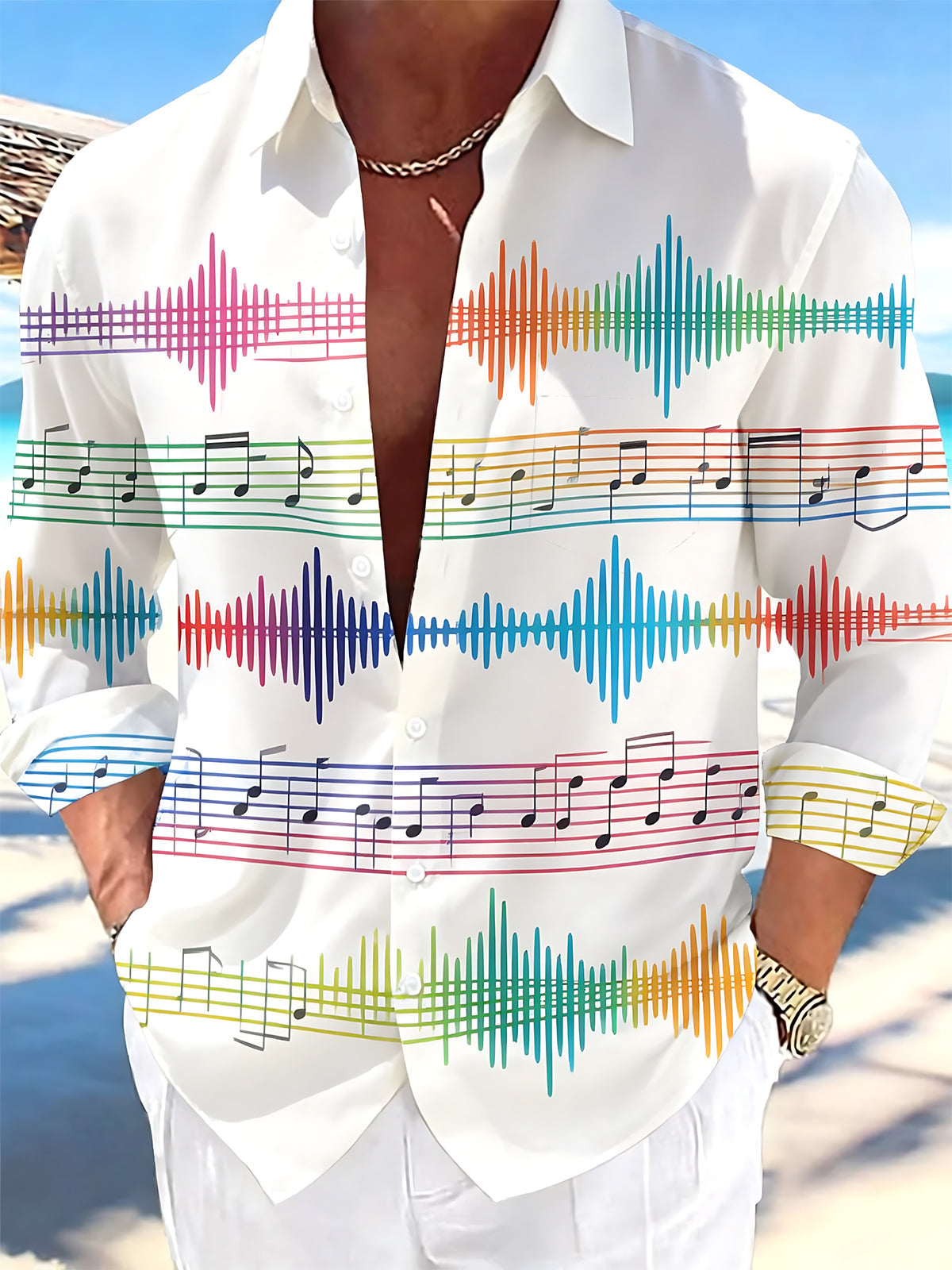 Oceanlyte Men's Graphic Colorful Music Notes Print Long Sleeve Shirt with Chest Pocket