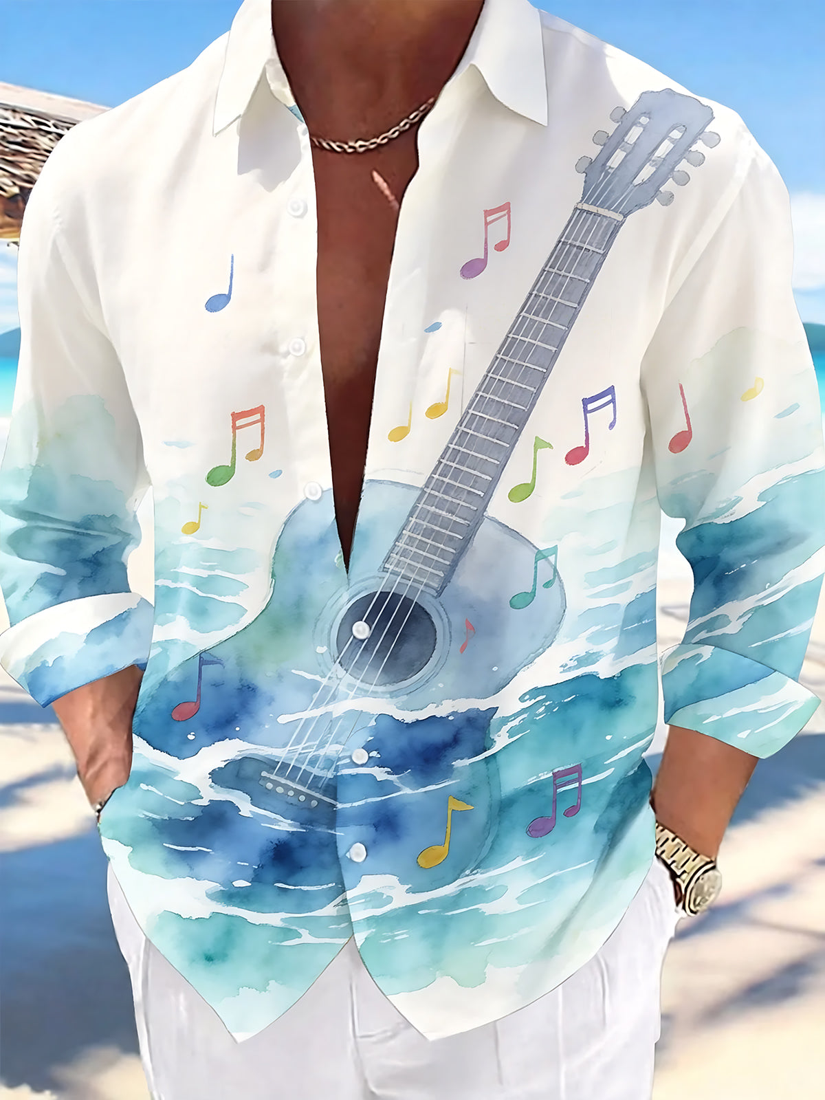 Oceanlyte Men's Hawaiian Guitar Print Musical Notes Print Long Sleeve Shirt with Chest Pocket