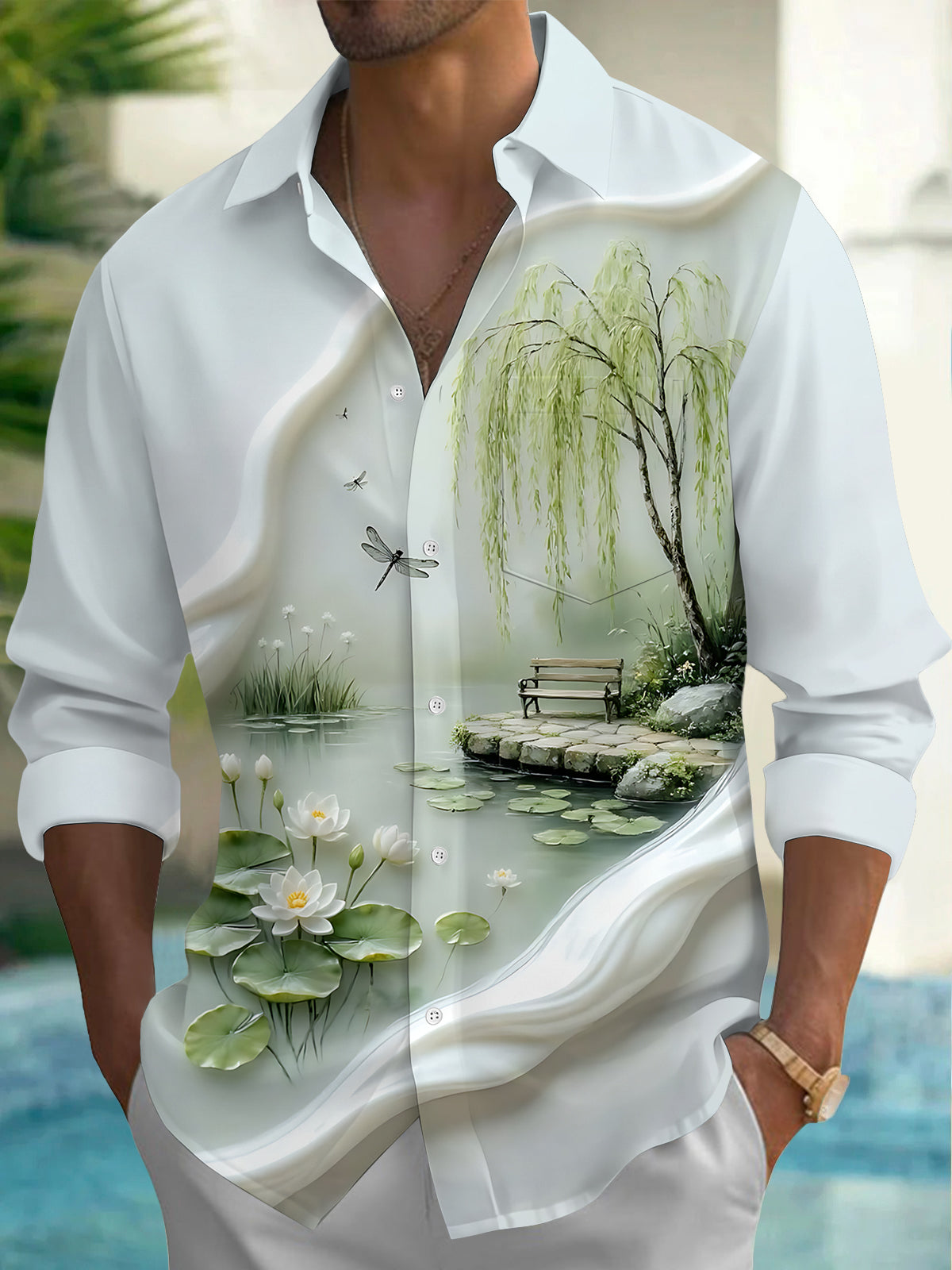 Oceanlyte Men's Printed Lotus Pond Landscape Print Long Sleeve Shirt with Chest Pocket