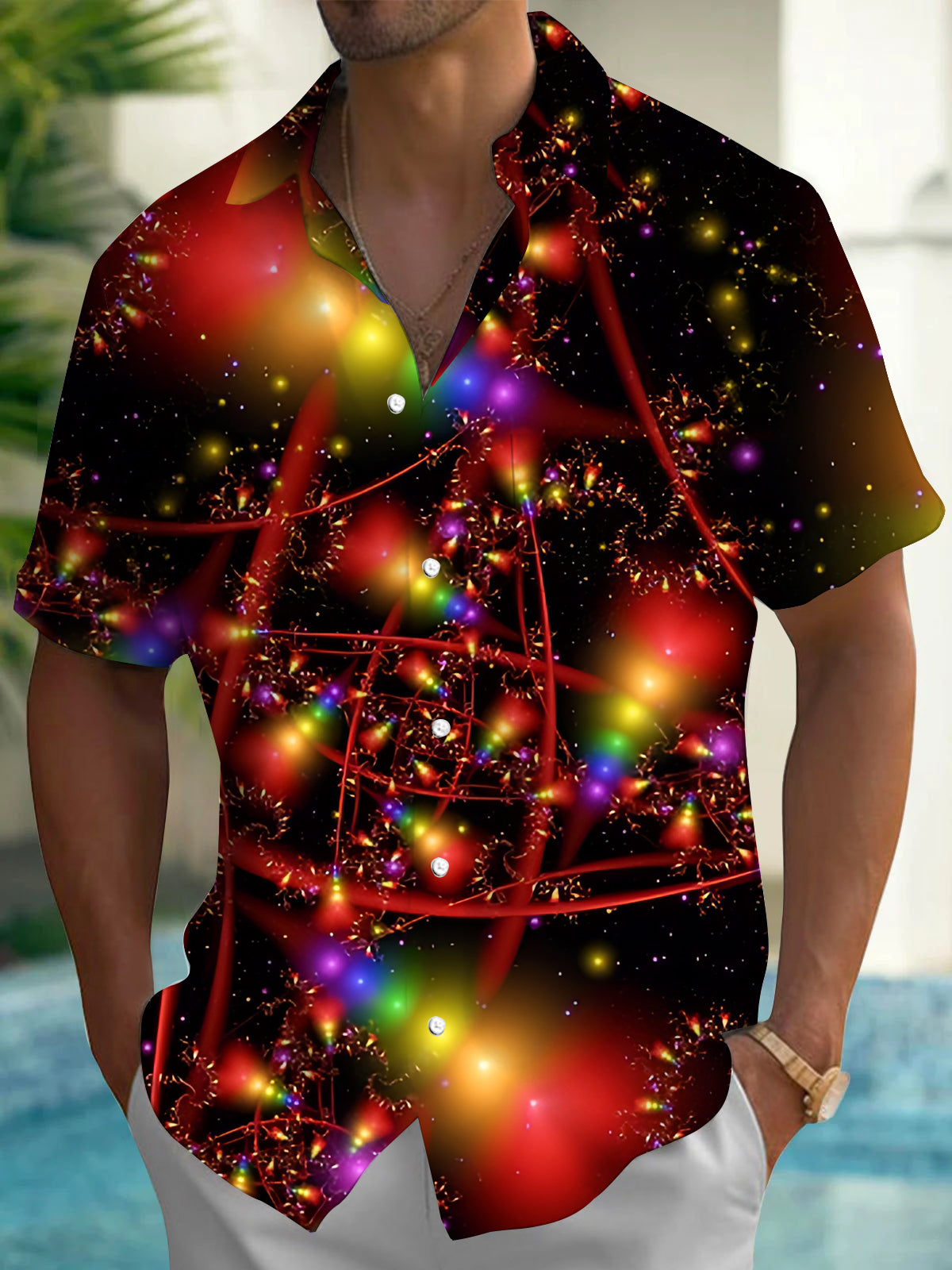 Oceanlyte Men's Printed Colorful Fractal Lines Print Short Sleeve Shirt with Chest Pocket