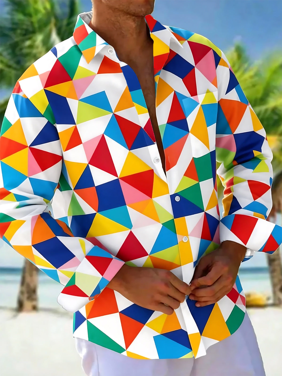 Oceanlyte Men's Printed Colorful Geometric Triangles Print Long Sleeve Shirt with Chest Pocket