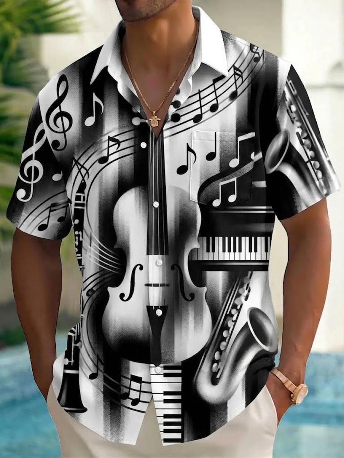 Oceanlyte Men's Graphic Musical Instruments Print Short Sleeve Shirt with Chest Pocket