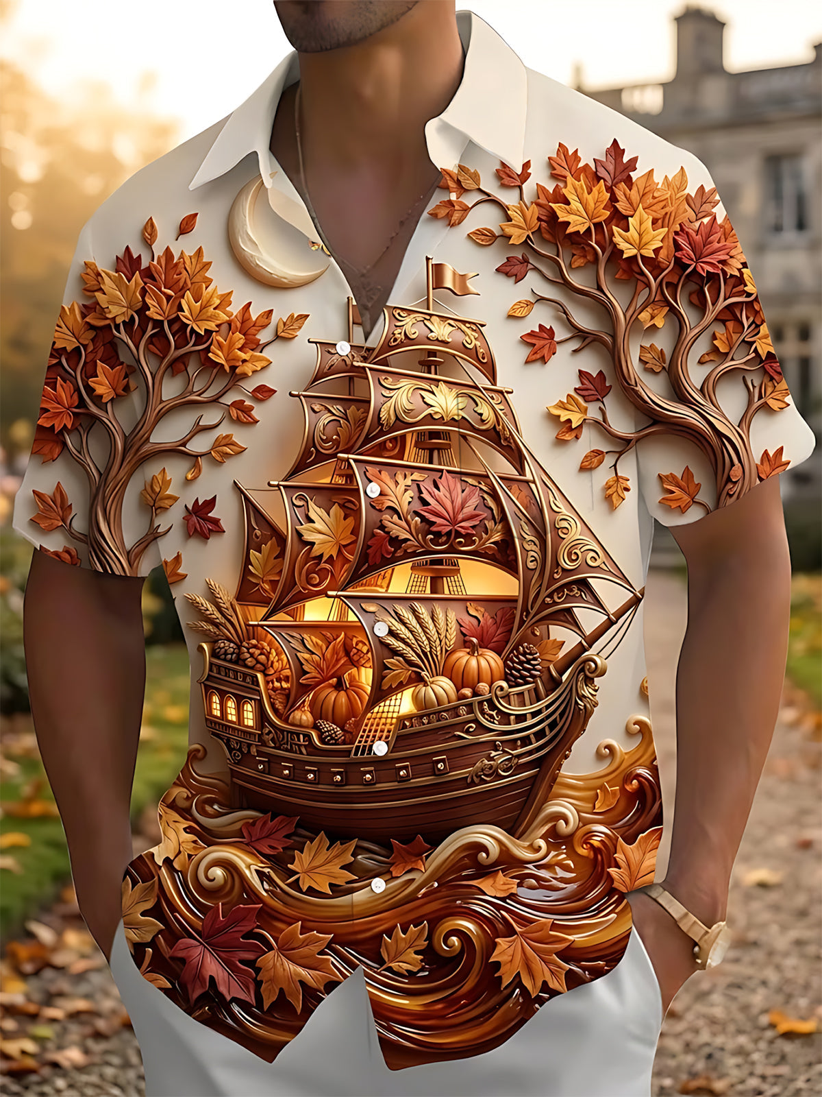 Oceanlyte Men's Graphic Autumn Sailing Ship Print Short Sleeve Shirt with Chest Pocket
