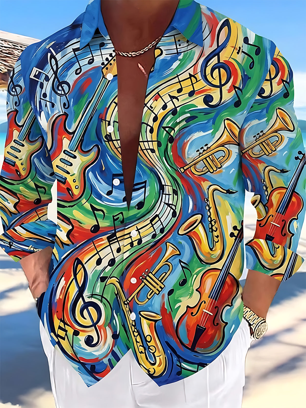 Oceanlyte Men's Hawaiian Musical Instruments Print Long Sleeve Shirt with Chest Pocket