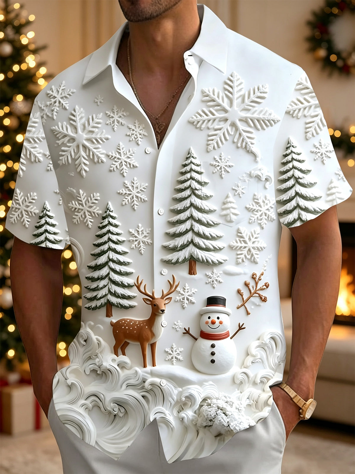 Oceanlyte Men's Graphic Christmas Winter Scene Print Short Sleeve Shirt with Chest Pocket