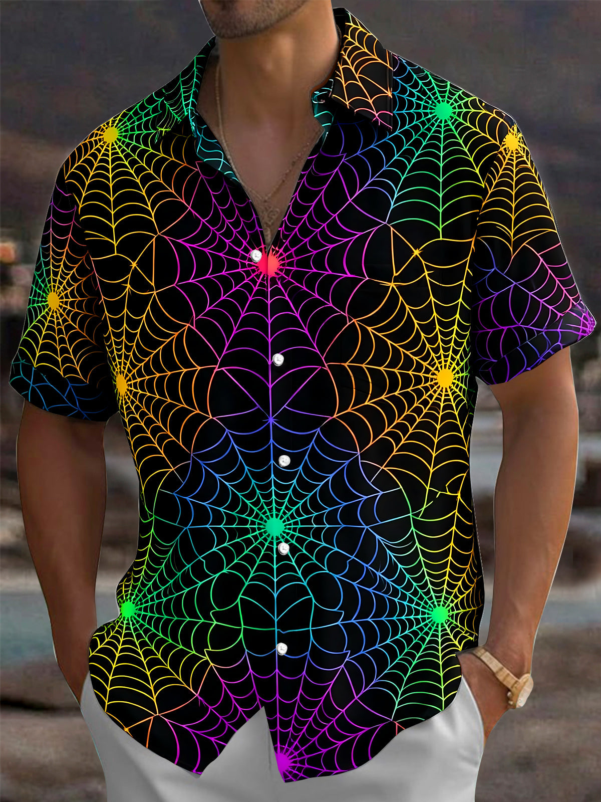 Oceanlyte Men's Patterned Rainbow Spider Web Print Short Sleeve Shirt with Chest Pocket