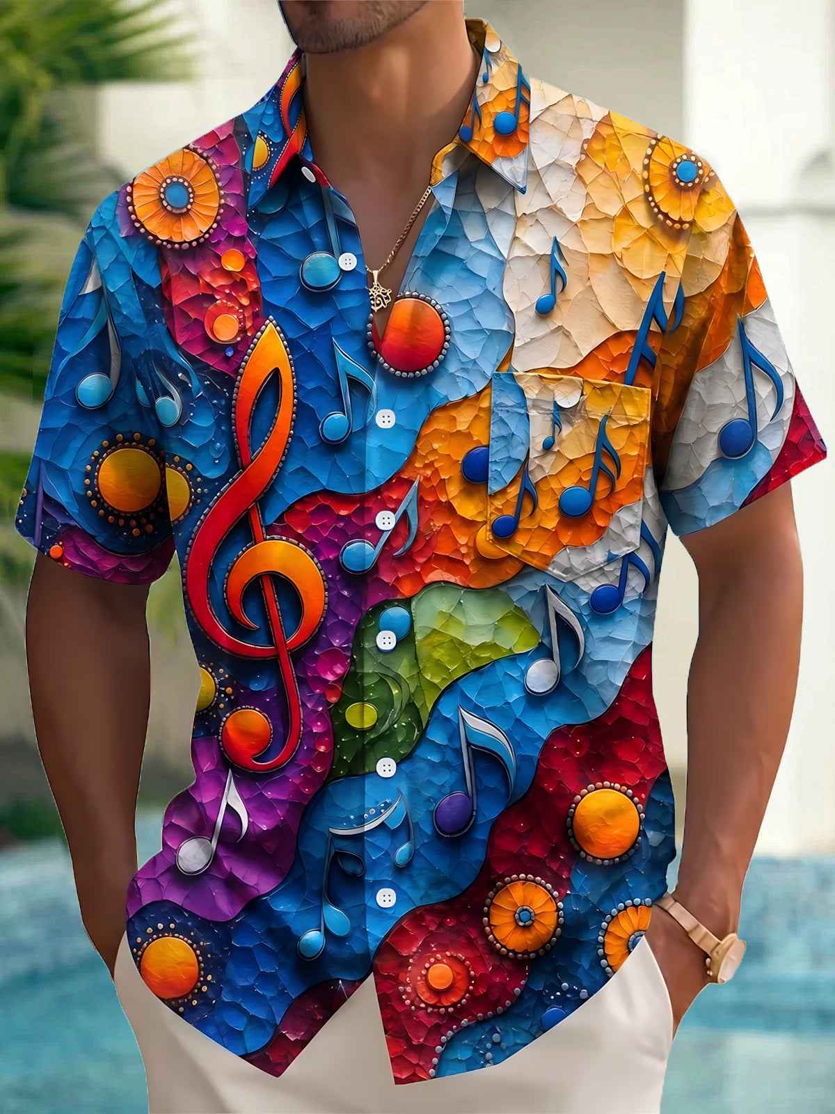 Oceanlyte Men's Graphic Musical Notes Print Treble Clef Print Short Sleeve Shirt with Chest Pocket