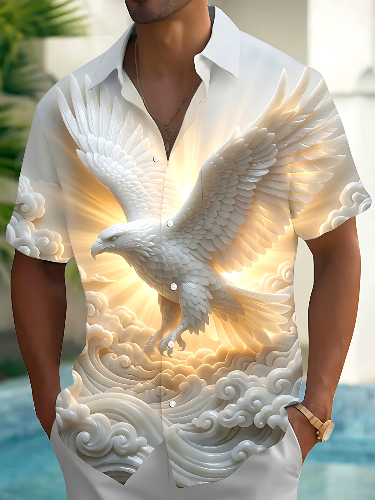 Oceanlyte Men's 3D 3D Eagle Print Clouds Print Short Sleeve Shirt with Chest Pocket