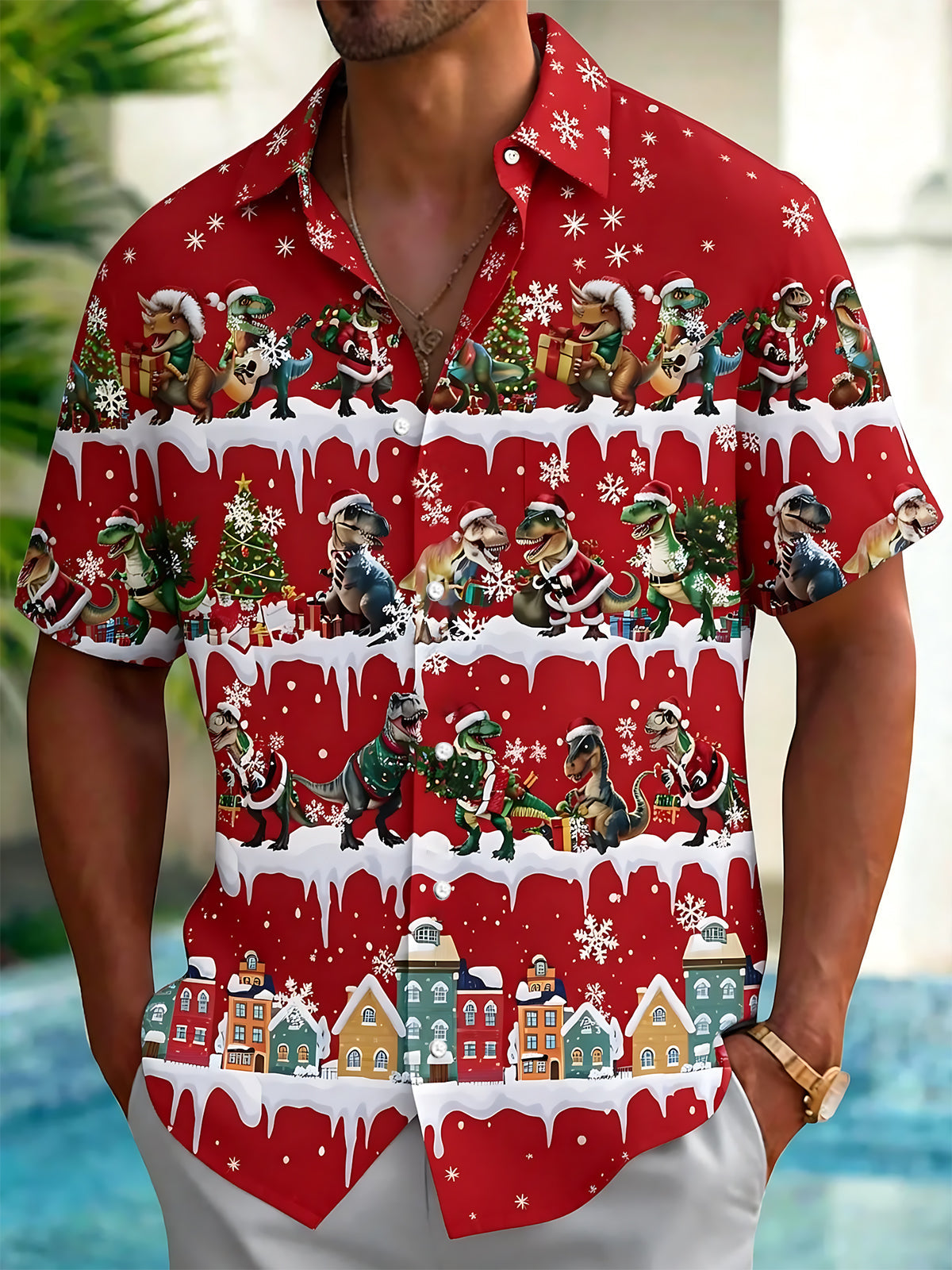 Oceanlyte Men's Hawaiian Christmas Dinosaur Print Short Sleeve Shirt with Chest Pocket