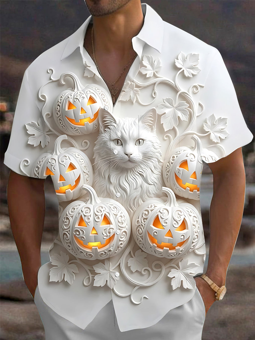Oceanlyte Men's Graphic Halloween Pumpkin Print Short Sleeve Shirt with Chest Pocket