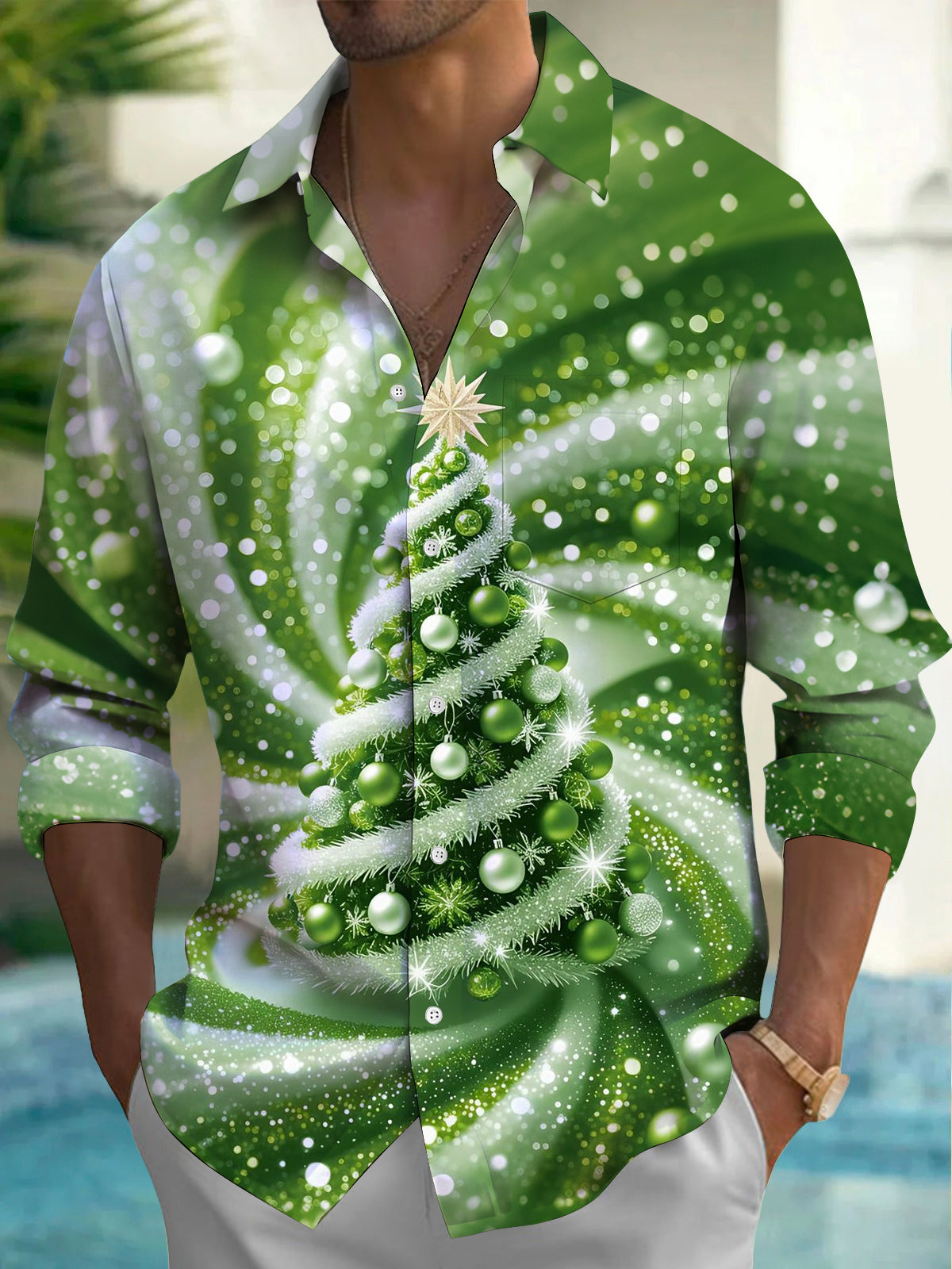 Oceanlyte Men's Printed Christmas Tree Print Long Sleeve Shirt with Chest Pocket