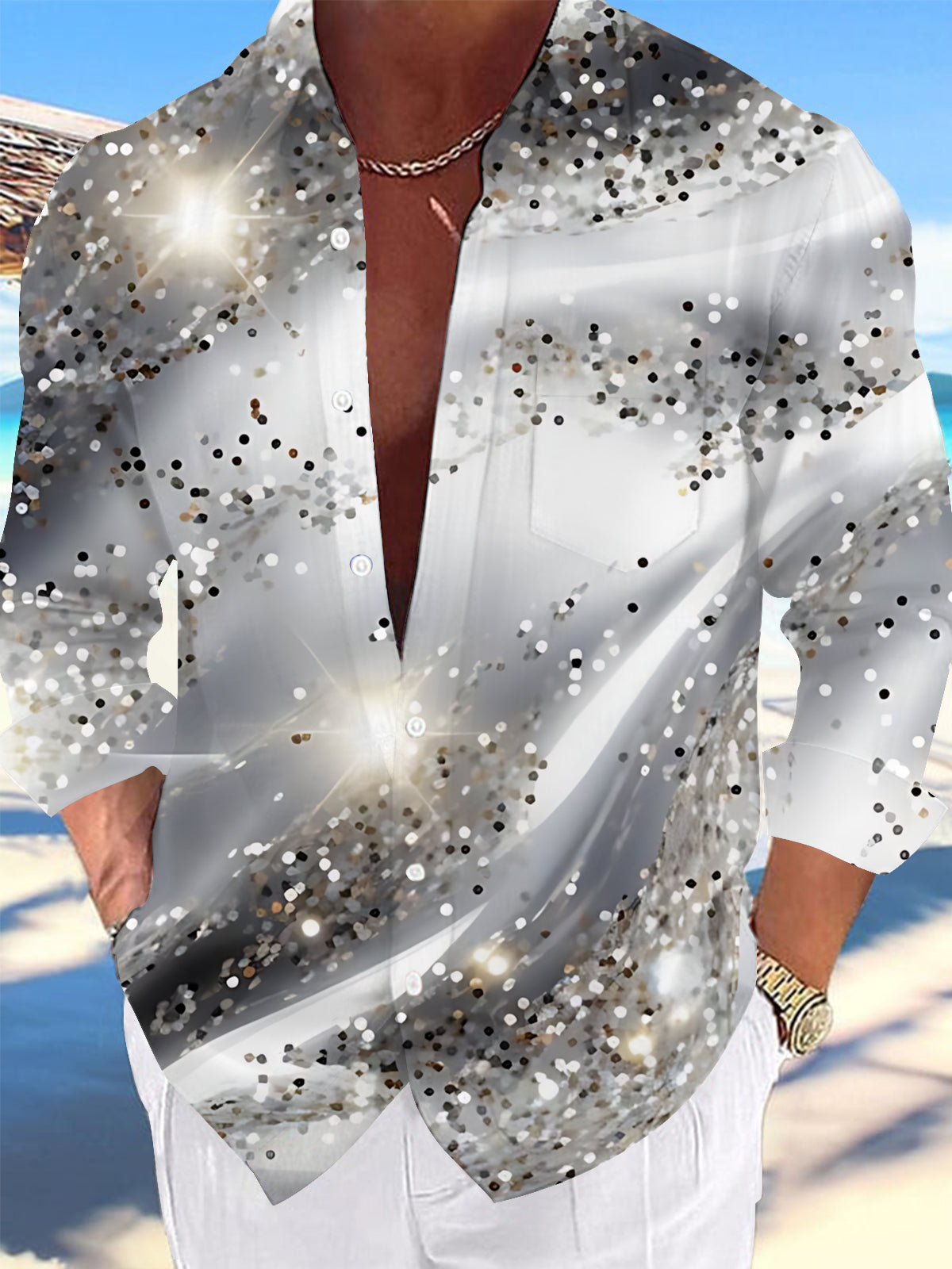 Oceanlyte Men's Printed Abstract Confetti Dots Print Long Sleeve Shirt with Chest Pocket