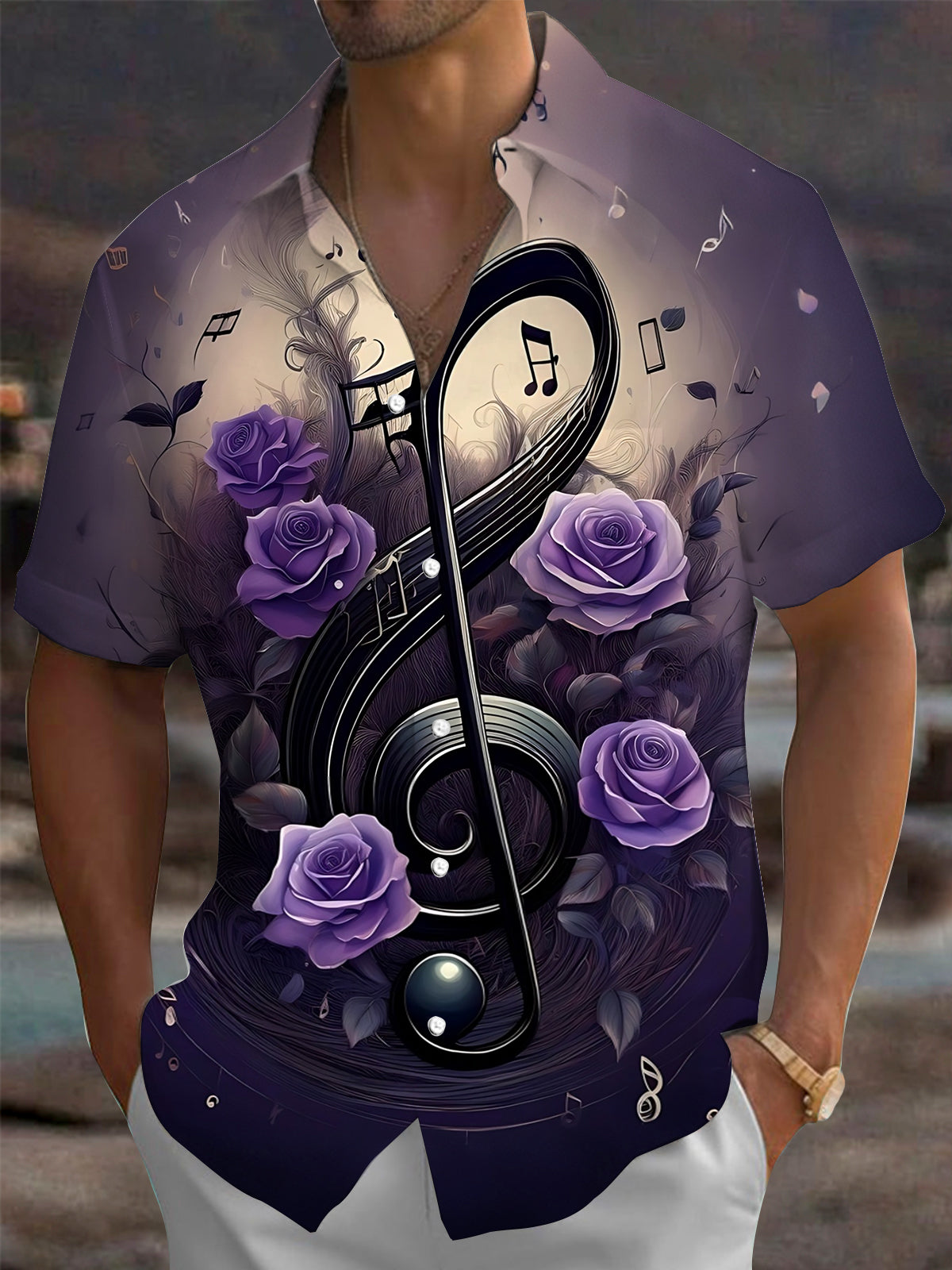 Oceanlyte Men's Graphic Purple Rose Print Treble Clef Print Short Sleeve Shirt with Chest Pocket