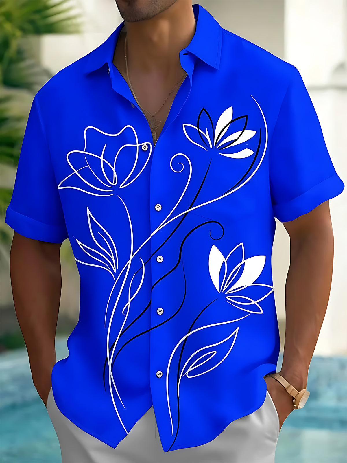 Oceanlyte Men's Hawaiian White Floral Line Art Print Short Sleeve Shirt with Chest Pocket