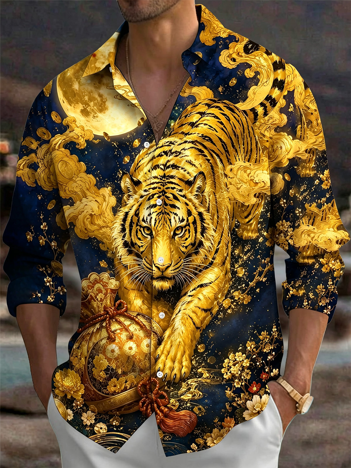 Oceanlyte Men's Graphic Golden Tiger Print Full Moon Print Long Sleeve Shirt with Chest Pocket