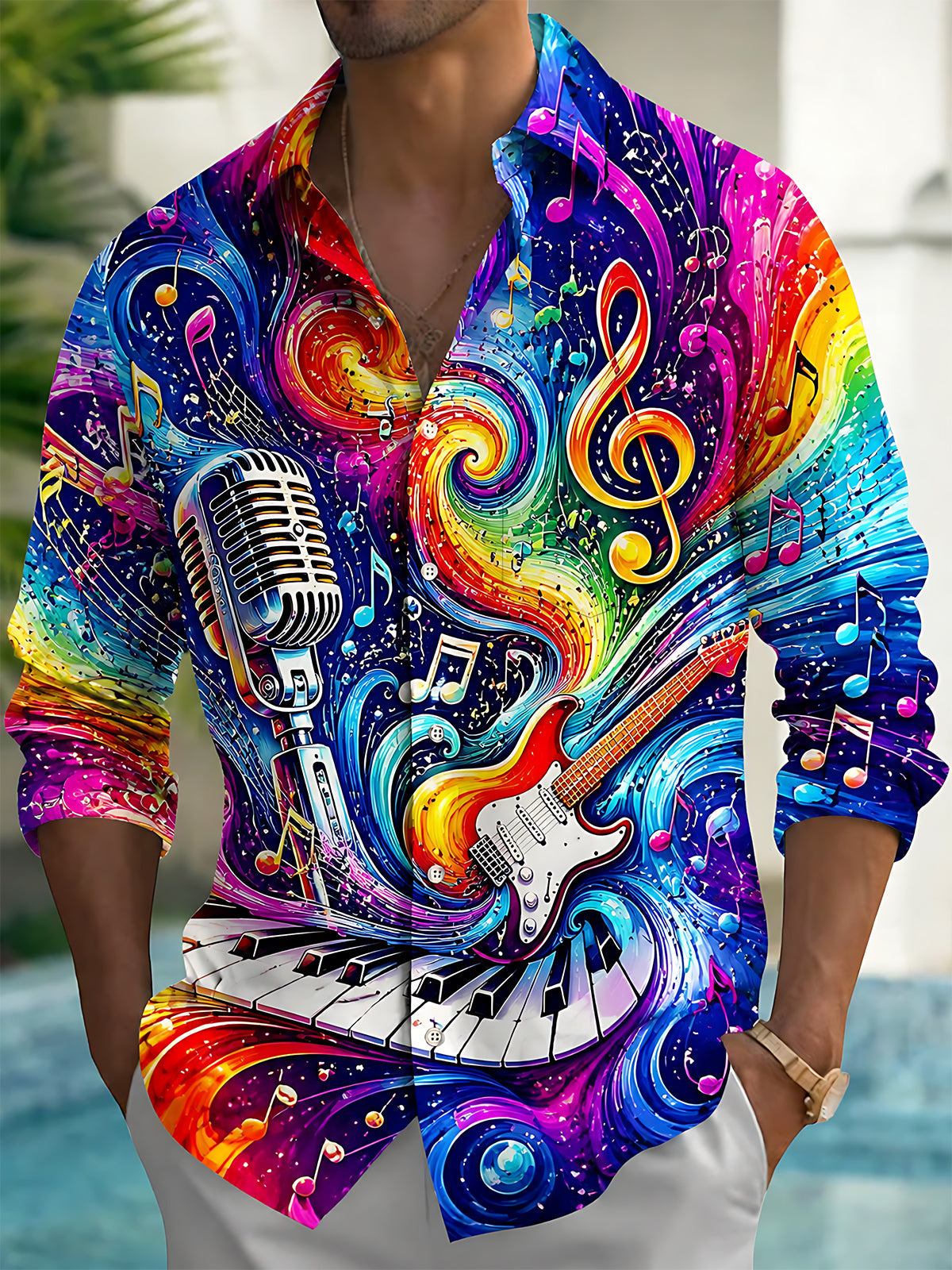 Oceanlyte Men's Graphic Musical Instruments Print Long Sleeve Shirt with Chest Pocket