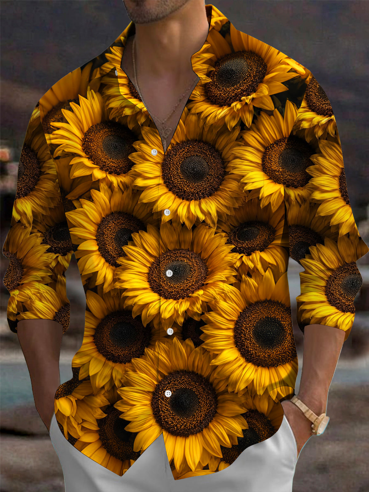 Oceanlyte Men's Hawaiian Sunflower Print Long Sleeve Shirt with Chest Pocket