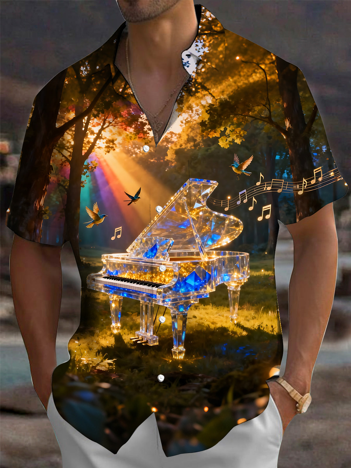 Oceanlyte Men's Printed Crystal Piano Print Short Sleeve Shirt with Chest Pocket