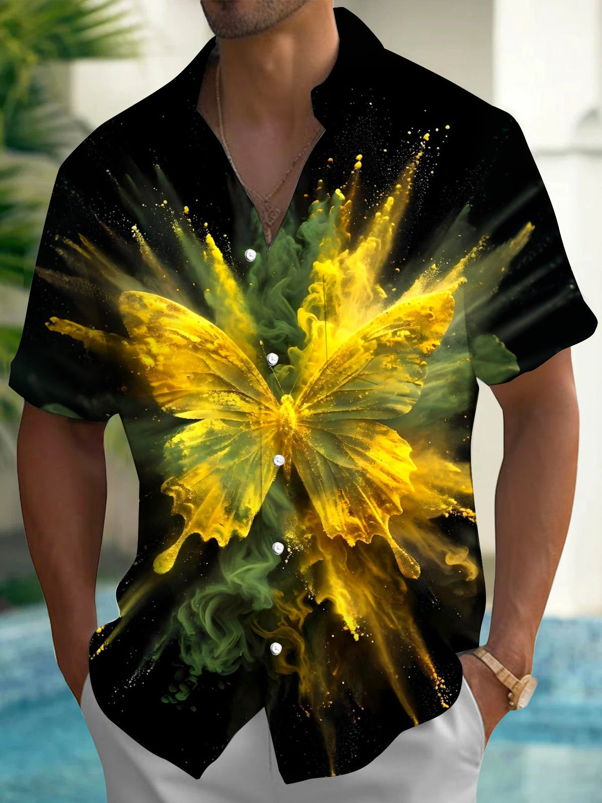 Oceanlyte Men's Printed Butterfly Explosion Print Short Sleeve Shirt with Chest Pocket