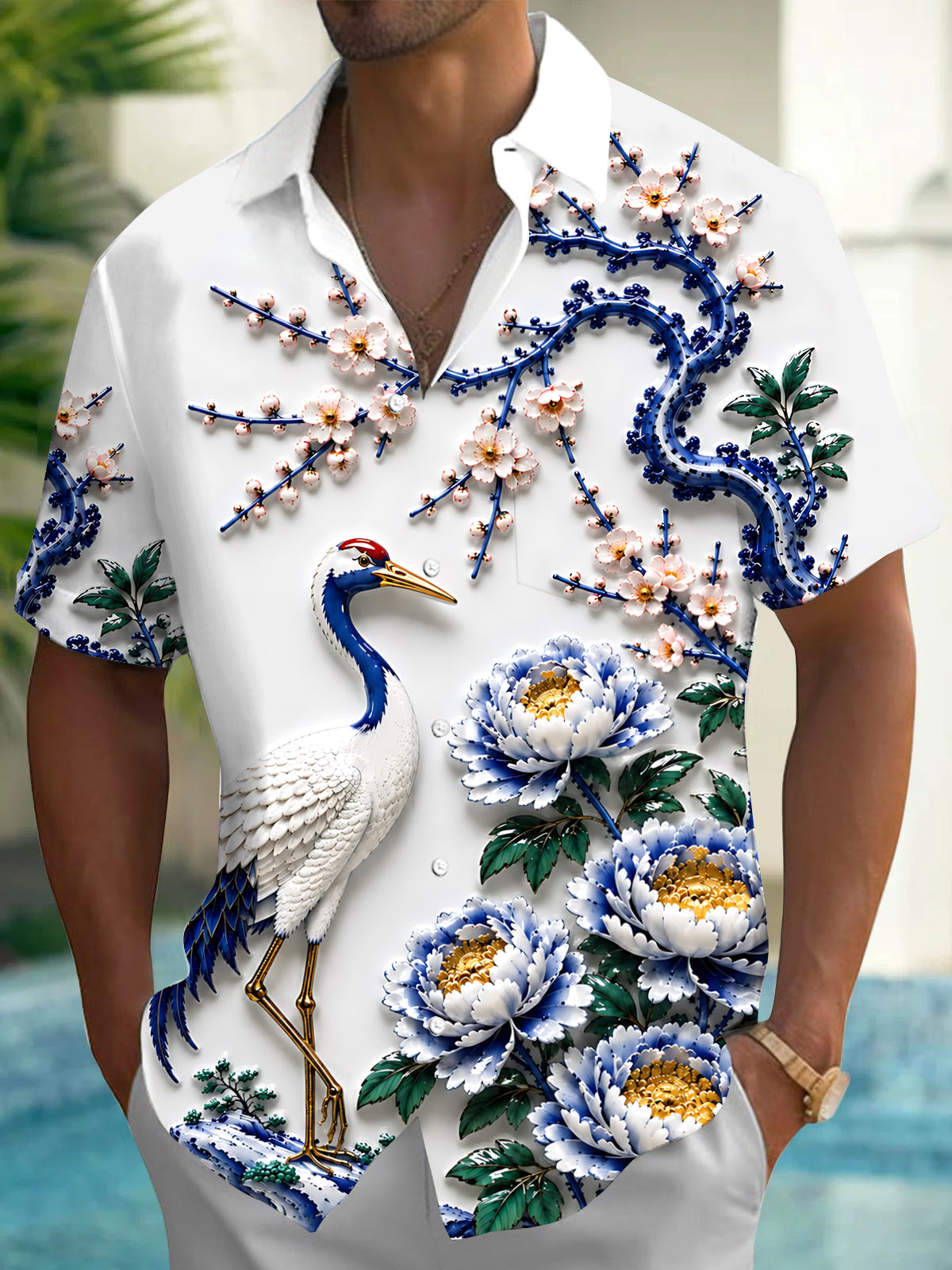 Oceanlyte Men's Printed Red-crowned Crane Print Short Sleeve Shirt with Chest Pocket