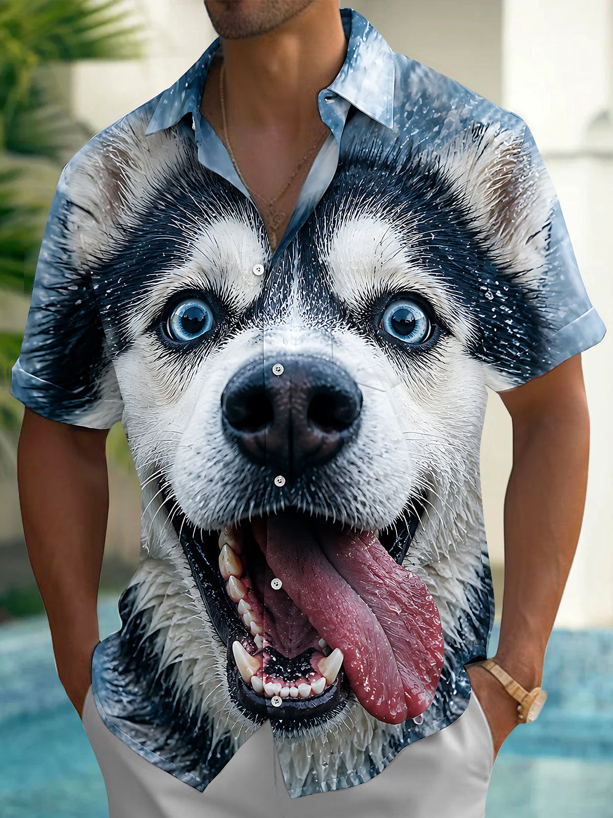 Oceanlyte Men's Graphic Alaskan Malamute Face Print Short Sleeve Shirt with Chest Pocket