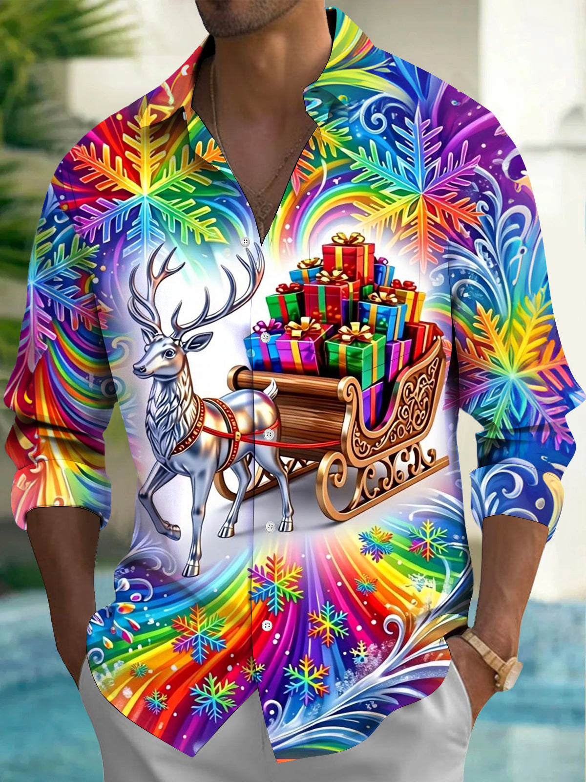 Oceanlyte Men's Graphic Rainbow Snowflakes Print Long Sleeve Shirt with Chest Pocket