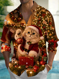 Oceanlyte Men's Printed Christmas Cat Print Santa Cat Print Long Sleeve Shirt with Chest Pocket